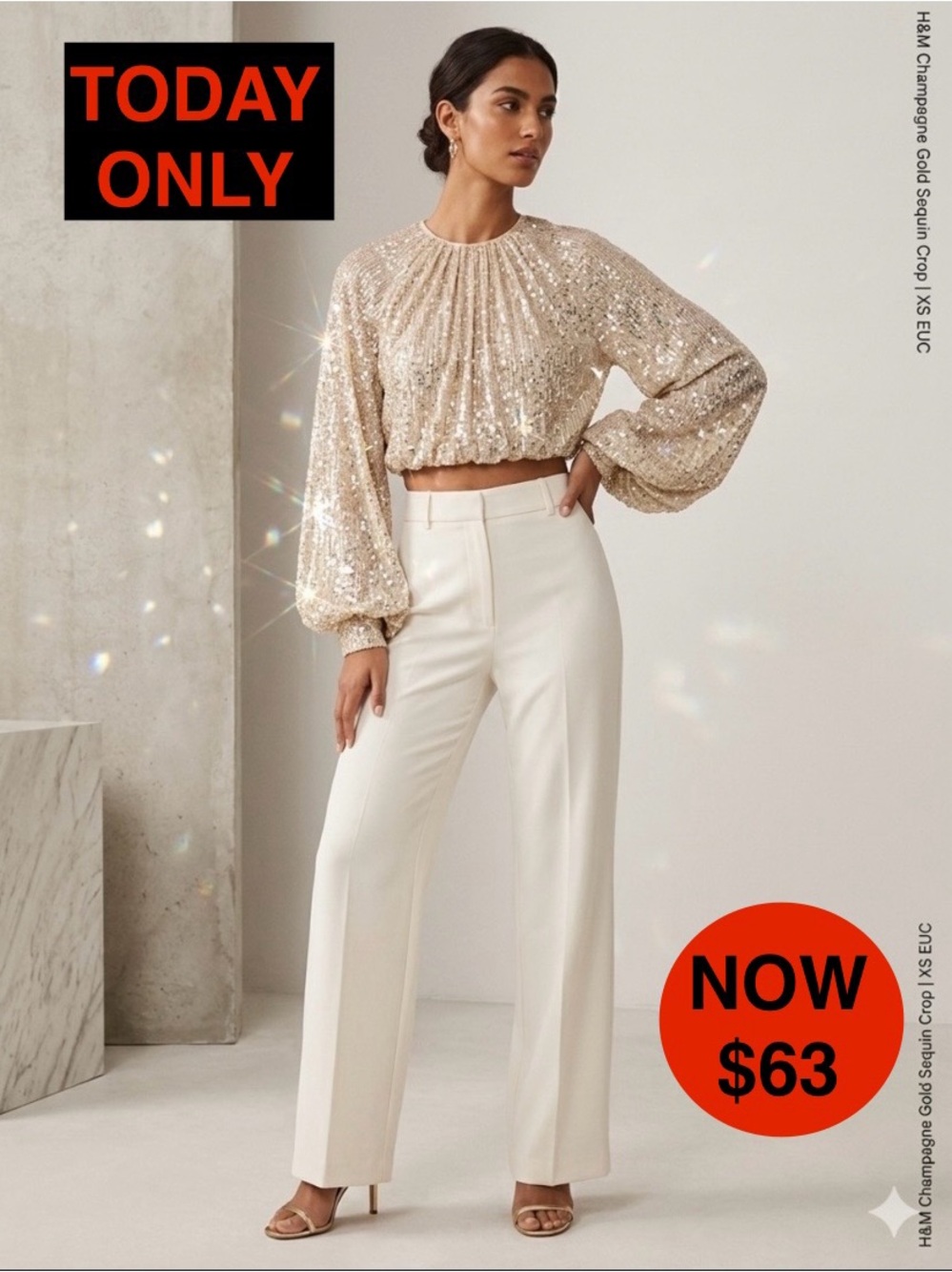 H&M Champagne Gold Sequin Cropped Top - Puff Sleeves - XS EUC
